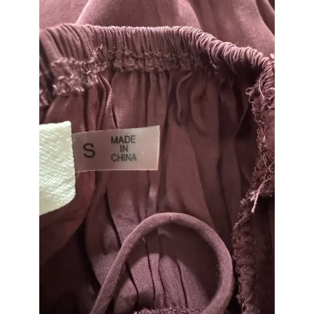 Burgundy Boho Mini Dress Mustard Seed Size Small Romantic Babydoll Drawstrings - Picture 5 of 7